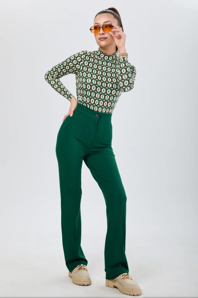 Tofisa 24127-ZUMRUT High Waist Wide Leg Trousers