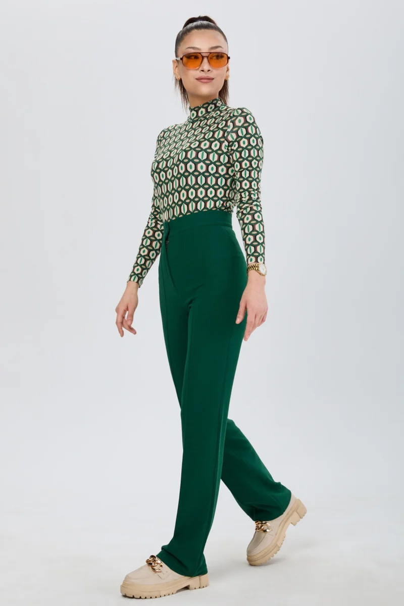 Tofisa 24127-ZUMRUT High Waist Wide Leg Trousers