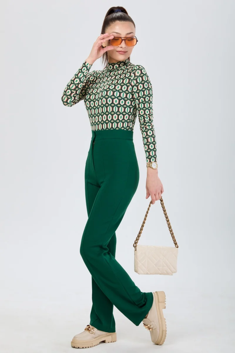 Tofisa 24127-ZUMRUT High Waist Wide Leg Trousers