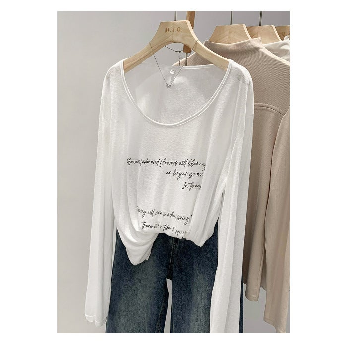 Korean Letter Printed Sun Protection Long-Sleeved T-Shirt For Women Summer Lazy Style White Loose Casual Slightly See-Through Blouse Top - Image 1