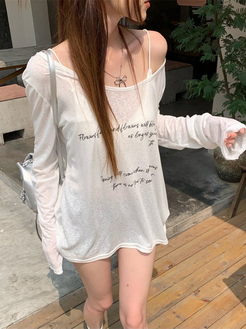 Korean Letter Printed Sun Protection Long-Sleeved T-Shirt For Women Summer Lazy Style White Loose Casual Slightly See-Through Blouse Top - Image 2