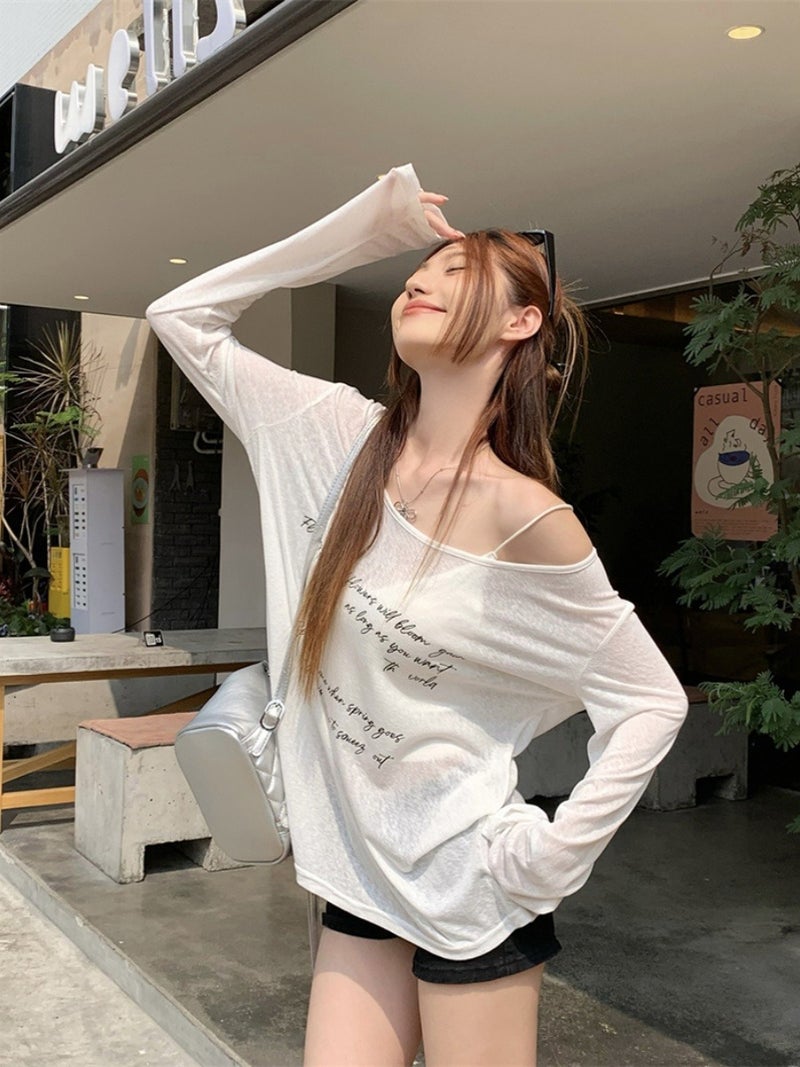 Korean Letter Printed Sun Protection Long-Sleeved T-Shirt For Women Summer Lazy Style White Loose Casual Slightly See-Through Blouse Top - Image 4