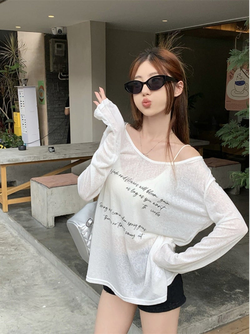 Korean Letter Printed Sun Protection Long-Sleeved T-Shirt For Women Summer Lazy Style White Loose Casual Slightly See-Through Blouse Top - Image 3
