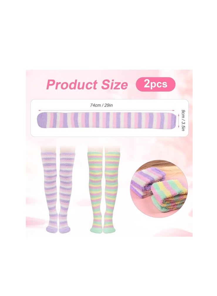 KASTWAVE Womens Thigh High Fuzzy Socks Over Knee High Long Striped Stocking Fluffy Cozy Slipper Fleece Gift Socks 2 Pairs - Image 2