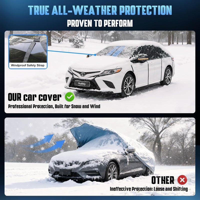Holthly Half Car Cover Top for SUV/Jeep/4Ã—4, Windshield Cover for Ice and Snow, Roof Car Cover Waterproof All Weather with Reflective Strips and Side Elastic Hooks. H5 (Up to 157 inch) - Image 4