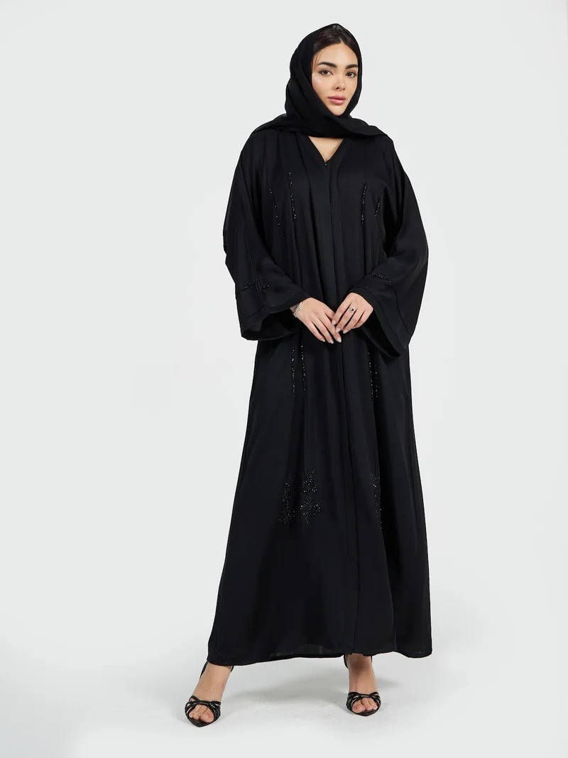 Reem Abayas Black Kimono Abaya with Sequined Floral Accents