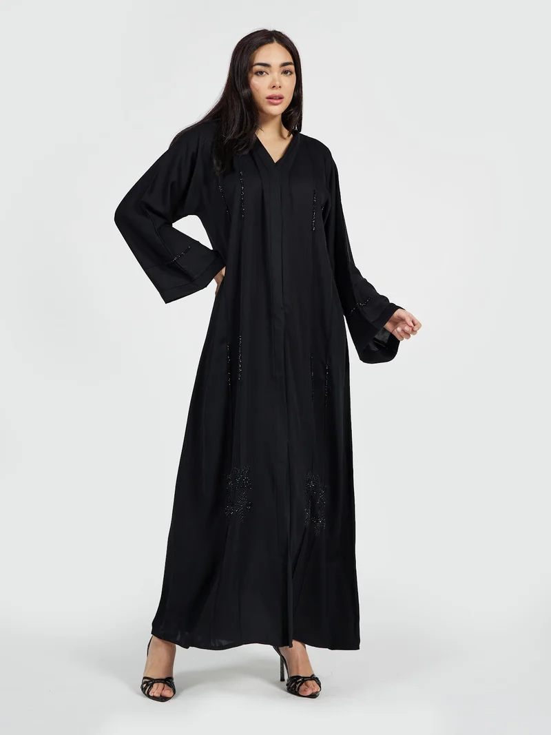 Reem Abayas Black Kimono Abaya with Sequined Floral Accents