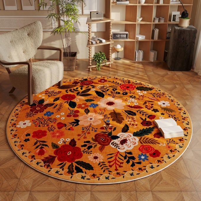 ROUND RUG 6FT WASHABLE CIRCLE RUG NON SLIP LOW PILE BOHO FLORAL SMALL CIRCULAR RUG FOR BEDROOM BATHROOM ENTRYWAY KIDS ROOM OFFICE COLLEGE DORMYELLOW