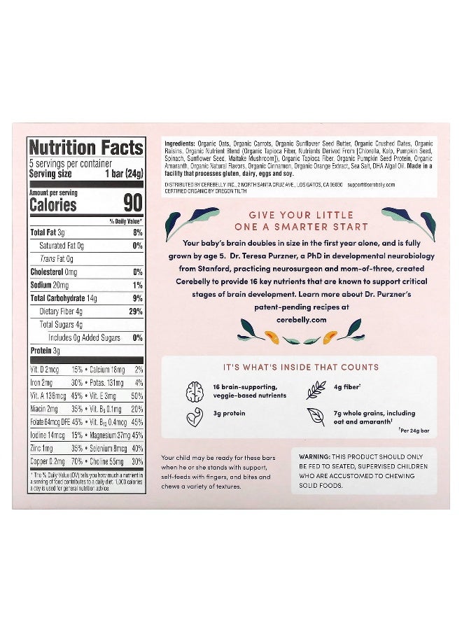 Cerebelly, Smart Bars, Organic Toddler Bars, Carrot Date, 5 Bars, 0.84 oz (24 g) Each - Image 2