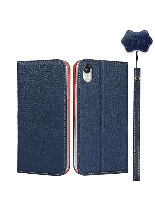 Case Cover For iPhone XR Litchi Genuine Leather Phone Case Dark Blue