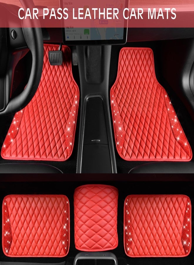 CAR PASS Bling Leather Car Mats Shining Diamond Floor Mats Crystal Rhinestones Sparkly Glitter Carpet Anti-Slip Waterproof Pad Universal Fit for Automotive SUV, Sedan, Van, 5pcs for Girl Women Red - Image 4