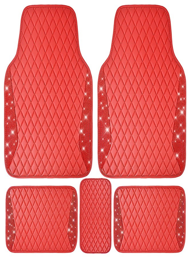 CAR PASS Bling Leather Car Mats Shining Diamond Floor Mats Crystal Rhinestones Sparkly Glitter Carpet Anti-Slip Waterproof Pad Universal Fit for Automotive SUV, Sedan, Van, 5pcs for Girl Women Red - Image 1