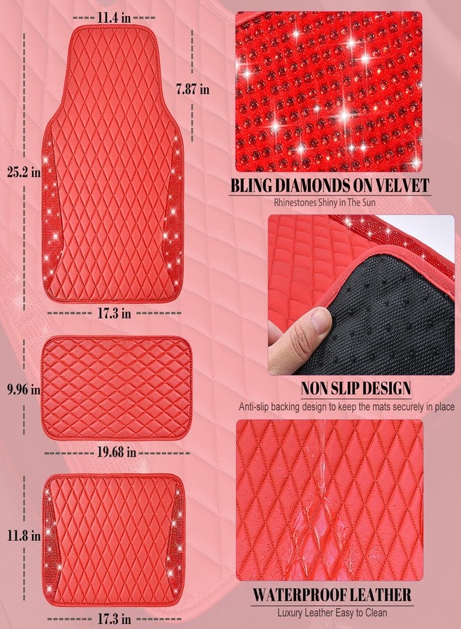 CAR PASS Bling Leather Car Mats Shining Diamond Floor Mats Crystal Rhinestones Sparkly Glitter Carpet Anti-Slip Waterproof Pad Universal Fit for Automotive SUV, Sedan, Van, 5pcs for Girl Women Red - Image 5