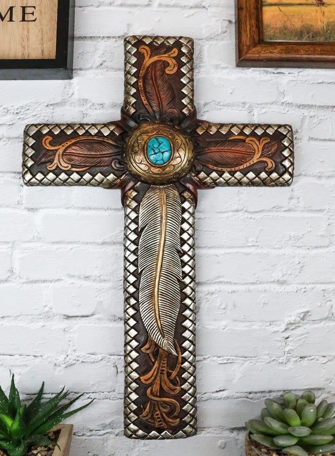 Ebros Gift Colorful Rustic Southwest Native Indian Dreamcatcher Feathers with Turquoise Rock Wall Cross Decor Plaque 14" H Tribal Southwestern Western Accent Decorative Crosses - Image 3