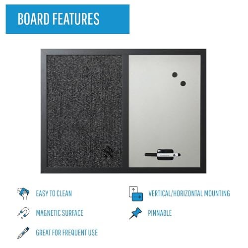 MasterVision 18" x 24", Dry Erase Whiteboard & Bulletin Board Combo, Stylish Metallic Silver, Textured Black Fabric Push Pin Board, Black Wood Frame - Image 3