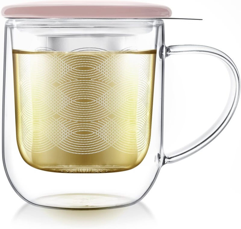 Teabloom Tea-For-One Steeping Mug – Insulated Double Wall Glass Mug (12 oz), Stainless Steel Infuser, Porcelain Lid/Coaster – Great For Brewing Loose Leaf Tea - Image 1