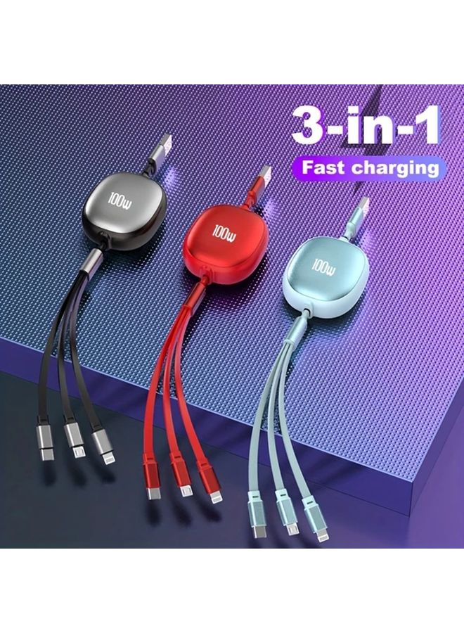 Purple 3 In 1 Retractable USB Cable 100W Fast Charging Data Sync 480Mbps - Image 3