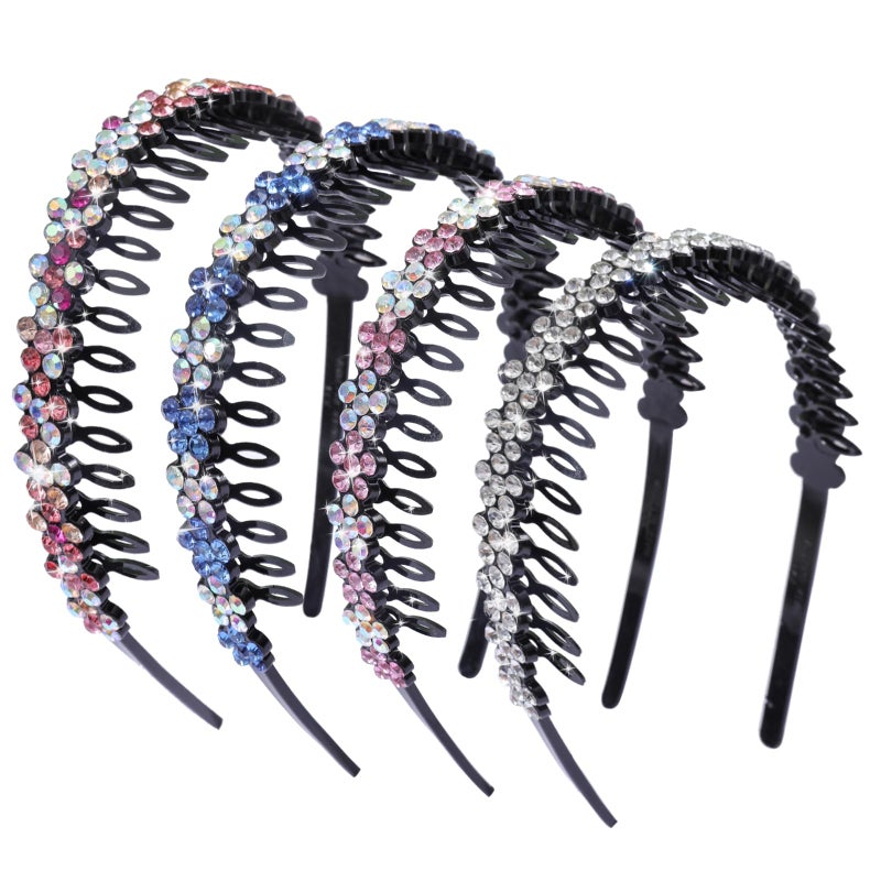 Cutewing Rhinestone Headband with Teeth Comb Flower Glitter Headband for Women Girls Sparkly Crystal Plastic Hairband Non Slip Hair Hoop Hair Accessories for Ladies Girls with 4PCS - Image 1