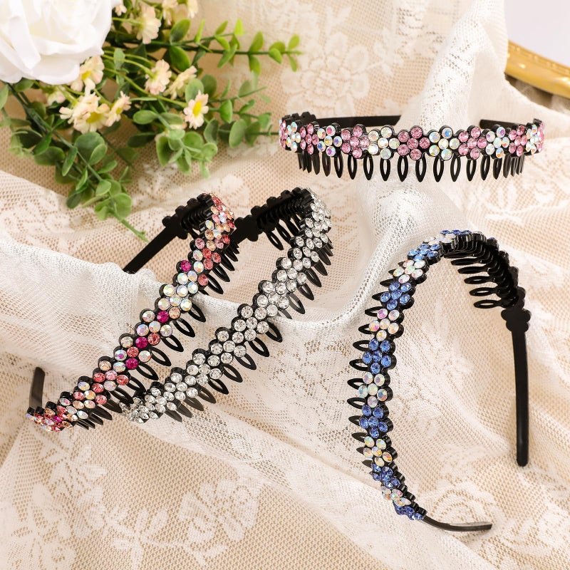 Cutewing Rhinestone Headband with Teeth Comb Flower Glitter Headband for Women Girls Sparkly Crystal Plastic Hairband Non Slip Hair Hoop Hair Accessories for Ladies Girls with 4PCS - Image 5