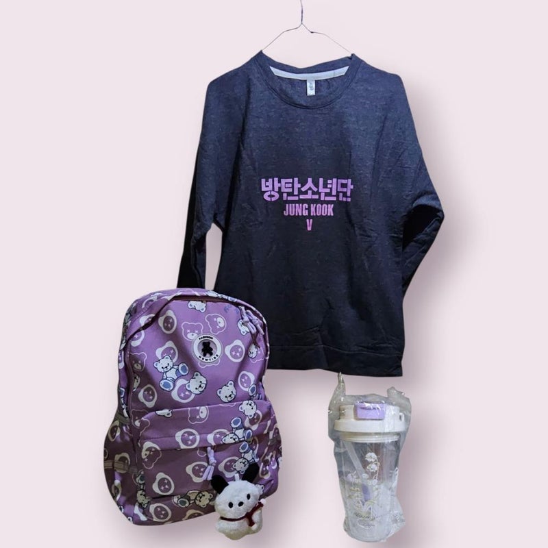 QUINTUS Jung Kook BTS Bundle - Grey Sweatshirt + Purple Backpack + Transparent Cup - Image 1