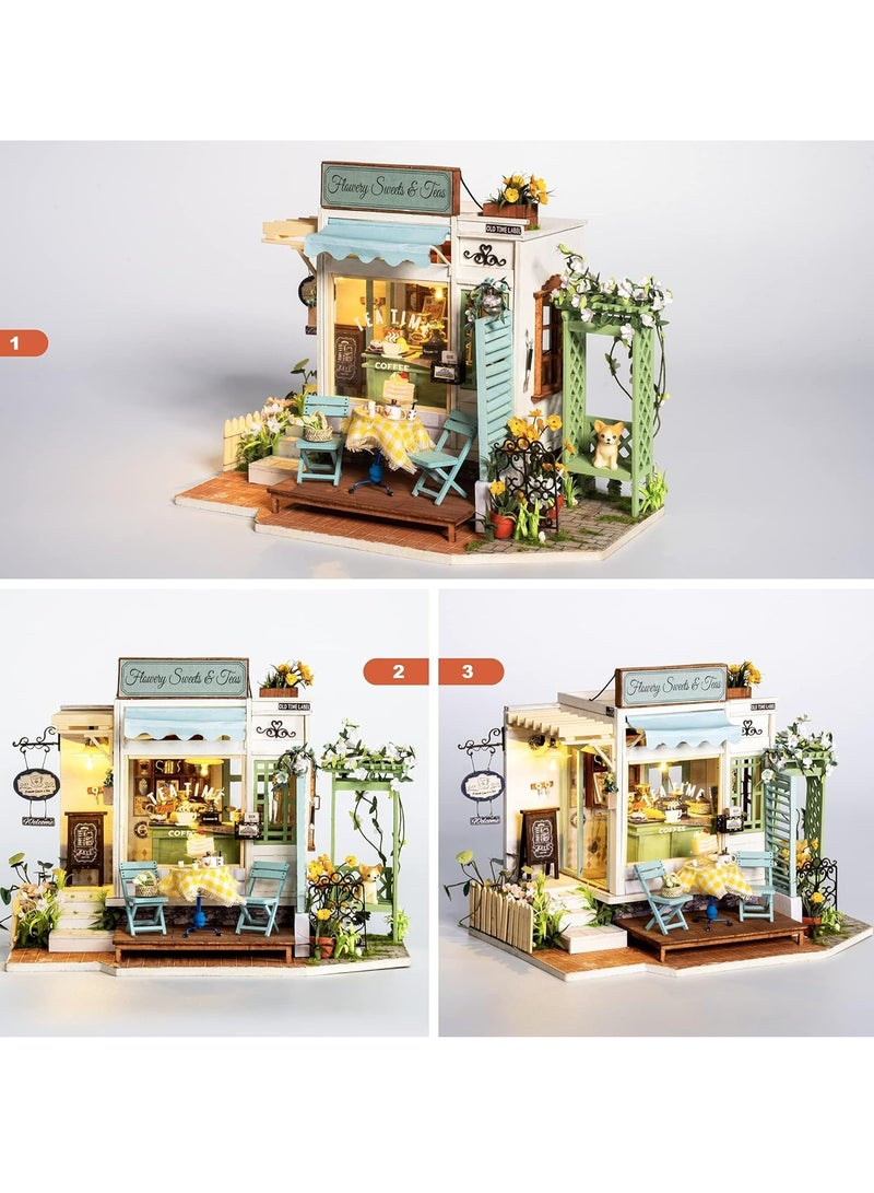 Robotime Rolife Flowery Sweets Teas DIY Miniature Dollhouse DG146 3D wooden Puzzle for Adults Tiny House Making Kit with Furniture with LED Home Decor Gifts for Teens - Image 3