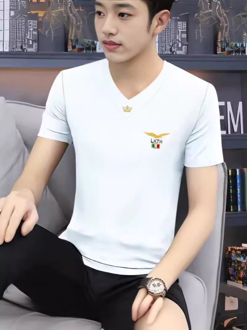 Ice Silk T-Shirt V-Neck Short-Sleeved Men'S Loose Plus Size Summer Quick-Drying Casual Half-Sleeved All-Match Cool-Feeling Breathable T-Shirt - Image 3
