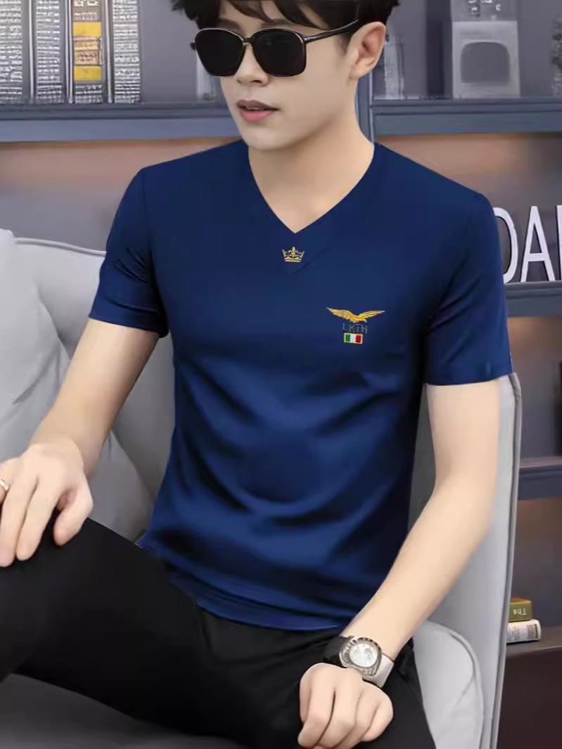 Ice Silk T-Shirt V-Neck Short-Sleeved Men'S Loose Plus Size Summer Quick-Drying Casual Half-Sleeved All-Match Cool-Feeling Breathable T-Shirt - Image 2
