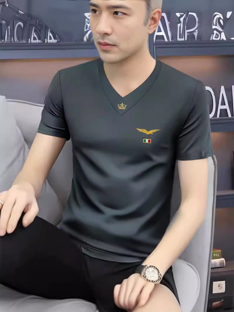 Ice Silk T-Shirt V-Neck Short-Sleeved Men'S Loose Plus Size Summer Quick-Drying Casual Half-Sleeved All-Match Cool-Feeling Breathable T-Shirt - Image 4
