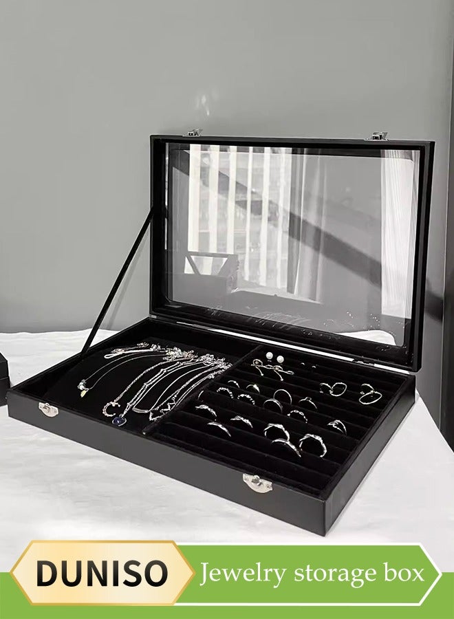 DUNISO Velvet jewelry boxes for women girls，Transparent cover necklace ring storage box，Earrings jewelry box with lock used for storing necklaces and rings - Image 1