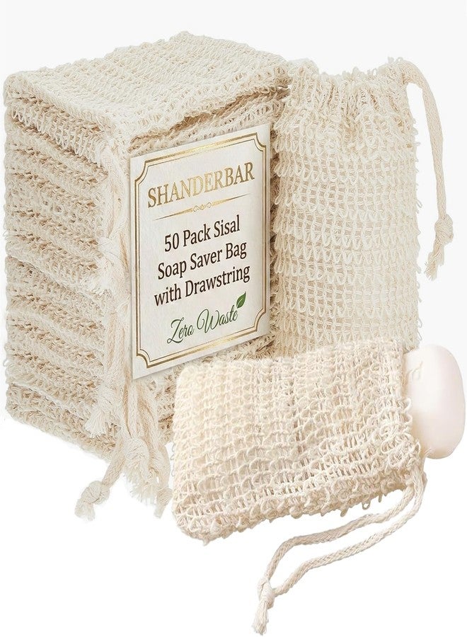 SHANDERBAR 50 Pack Sisal Soap Saver Bag with Drawstring, Natural Cotton-Linen Exfoliating Net Pouch for Foaming and Drying, Travel Bar Soaps Mesh Bags Soap Savers for Bath and Shower Use - Image 1