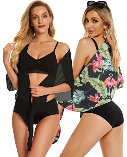 CHICGAL 2 Pieces Sarong Cover Ups for Women Beach Bathing Suit Wrap Sheer Short Skirt Bikini Chiffon Scarf for Swimwear (Black & Green Vintage Leaf) - Image 5