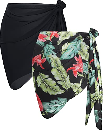 CHICGAL 2 Pieces Sarong Cover Ups for Women Beach Bathing Suit Wrap Sheer Short Skirt Bikini Chiffon Scarf for Swimwear (Black & Green Vintage Leaf) - Image 1