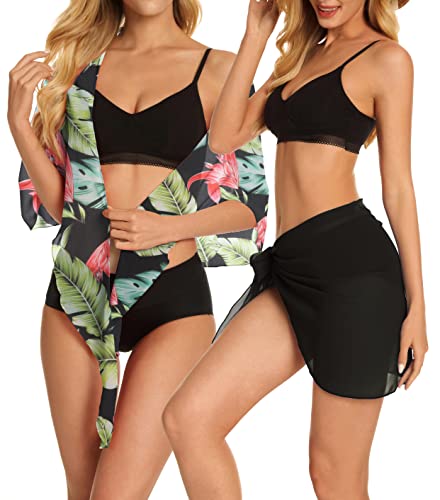 CHICGAL 2 Pieces Sarong Cover Ups for Women Beach Bathing Suit Wrap Sheer Short Skirt Bikini Chiffon Scarf for Swimwear (Black & Green Vintage Leaf) - Image 4