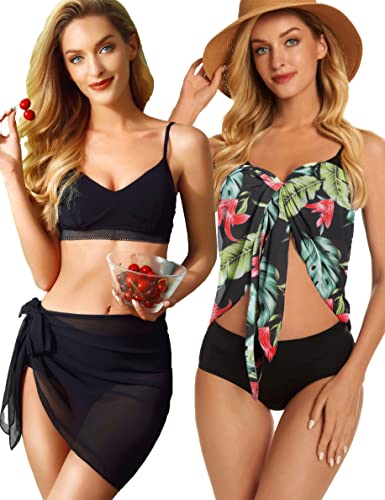 CHICGAL 2 Pieces Sarong Cover Ups for Women Beach Bathing Suit Wrap Sheer Short Skirt Bikini Chiffon Scarf for Swimwear (Black & Green Vintage Leaf) - Image 3