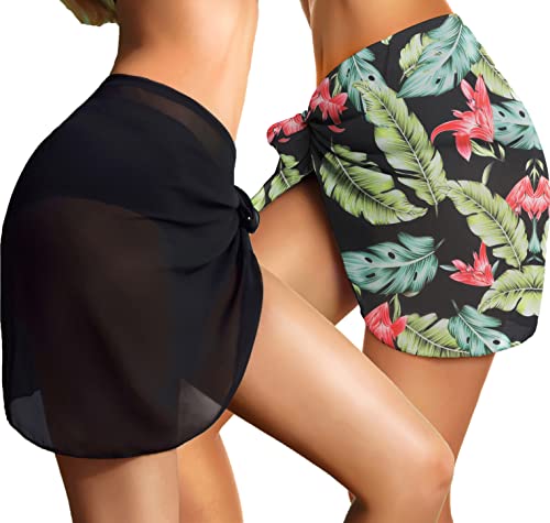 CHICGAL 2 Pieces Sarong Cover Ups for Women Beach Bathing Suit Wrap Sheer Short Skirt Bikini Chiffon Scarf for Swimwear (Black & Green Vintage Leaf) - Image 2