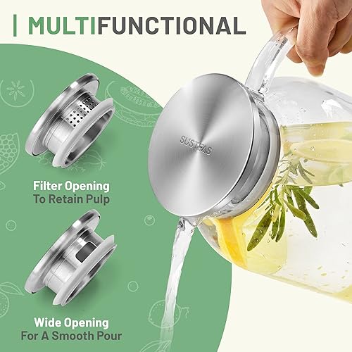 SUSTEAS 2.2 Liter 75oz Glass Pitcher with Lid, Easy Clean Heat Resistant Glass Water Carafe with Handle for Hot/Cold Beverages - Water, Cold Brew, Iced Tea & Juice, 1 Long-Handled Brush Included - Image 2