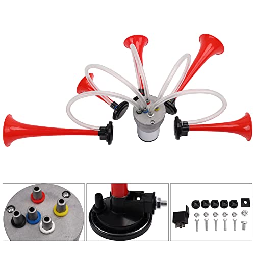 AOLIHAN Musical Air Horn Loud Five Trumpet La Cucaracha Music Sound Horn Full Complete Kit with Installation Wire and Button Red 12V (LACUKARACHA Kit) - Image 3