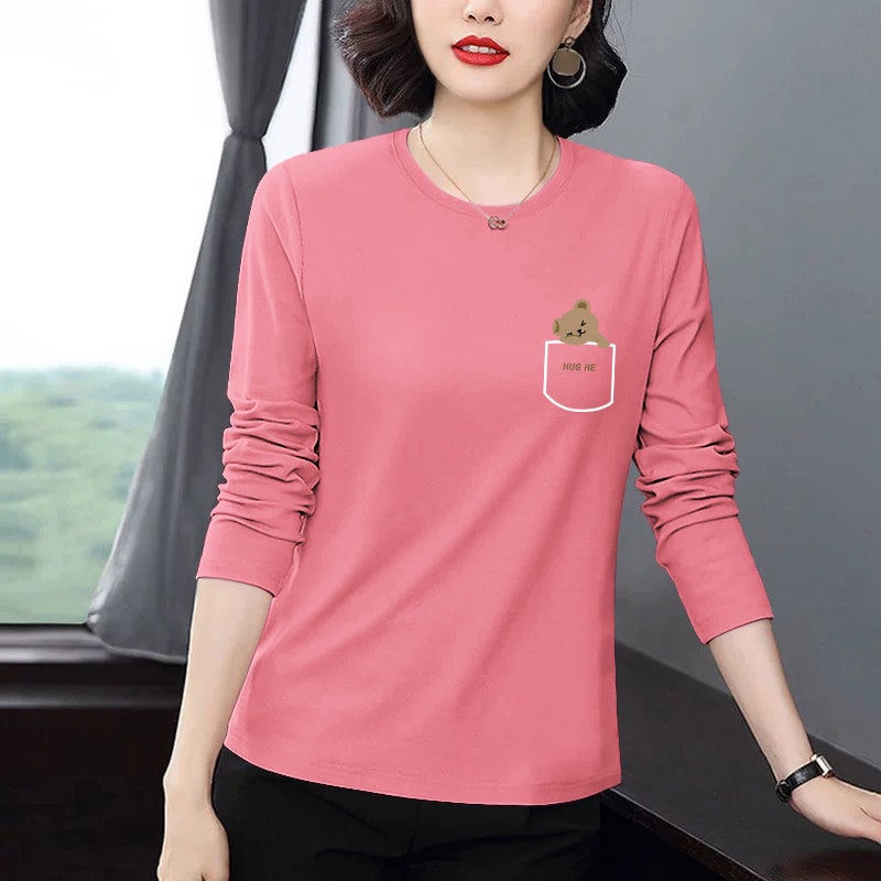 Pure cotton casual popular long-sleeved t-shirt for women's autumn 2025 new loose plus-size versatile age-reducing top with front shoulder - Image 3