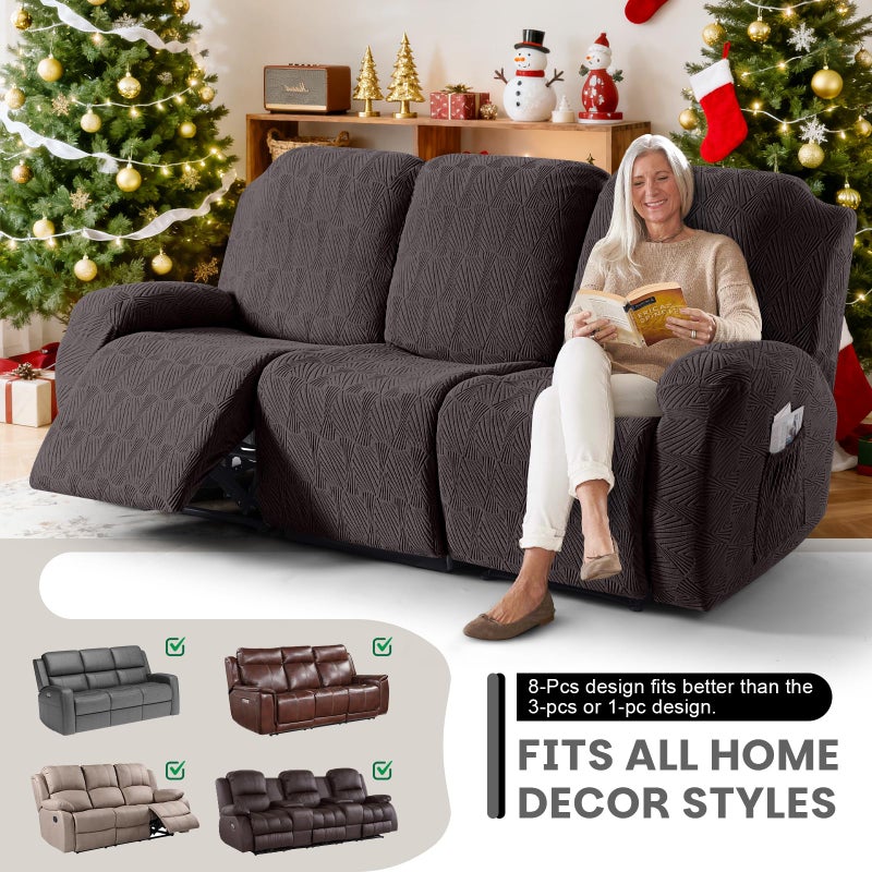 VANSOFY Recliner Sofa Covers, 8-Pieces Stretch Recliner Couch Cover Soft Jacquard Reclining Slipcover Furniture Protector with Elastic Bottom for Kid, Pets (3 Seat,Chocolate) - Image 5