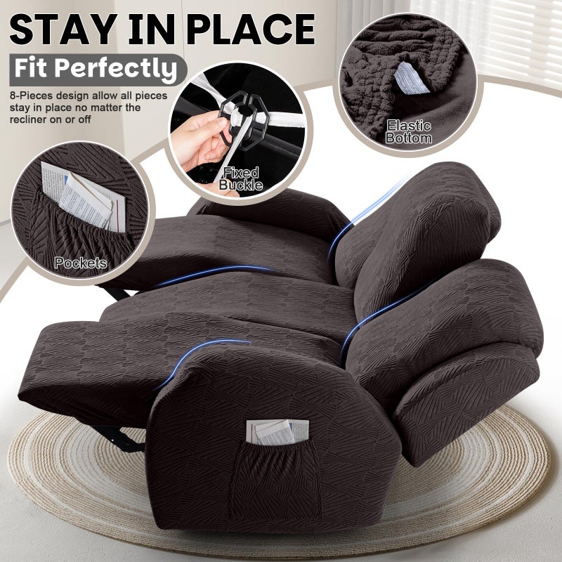 VANSOFY Recliner Sofa Covers, 8-Pieces Stretch Recliner Couch Cover Soft Jacquard Reclining Slipcover Furniture Protector with Elastic Bottom for Kid, Pets (3 Seat,Chocolate) - Image 3