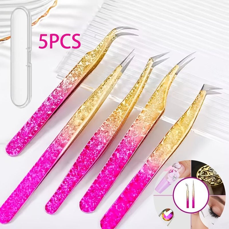 1 5 Pieces Gradient Ice Flower Eyelash Curler with Storage Box Travel Case Professional Stainless Steel Precision Diamond Tweezers False Eyelash Applicator Tool - Image 1