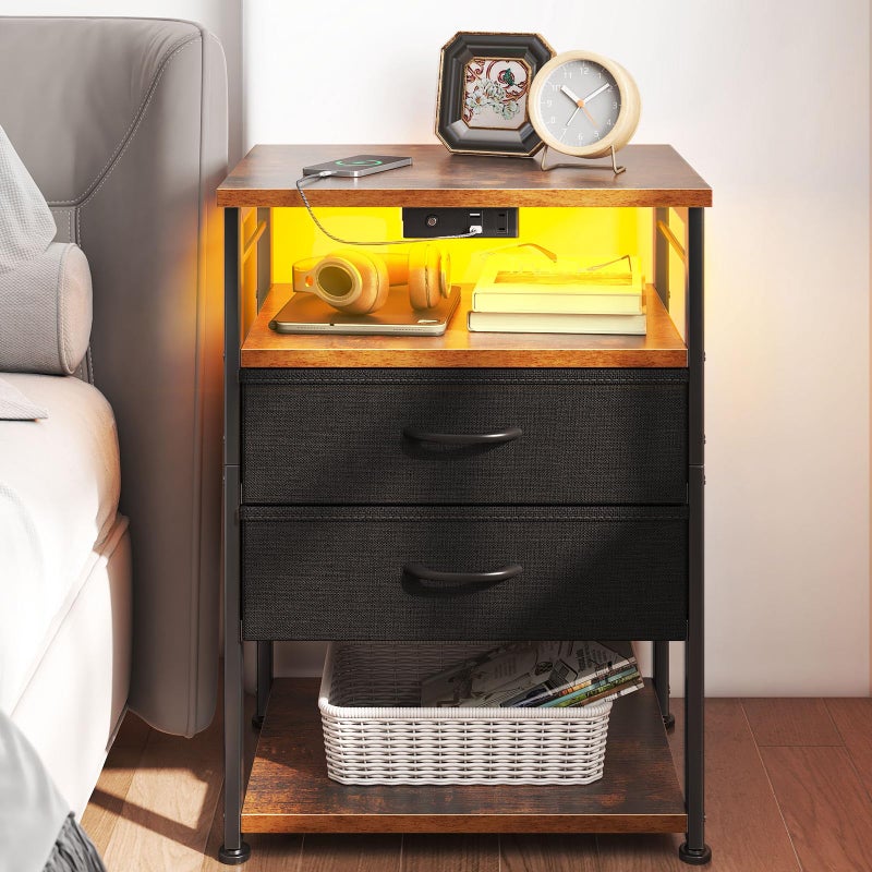 AODK Night Stand with Charging Station and LED Lights, 27.6 Inch Bed Side Table with 2 Drawers and Open Shelf, Bedside Table for Bedroom, Living Room, Vintage & Black - Image 1