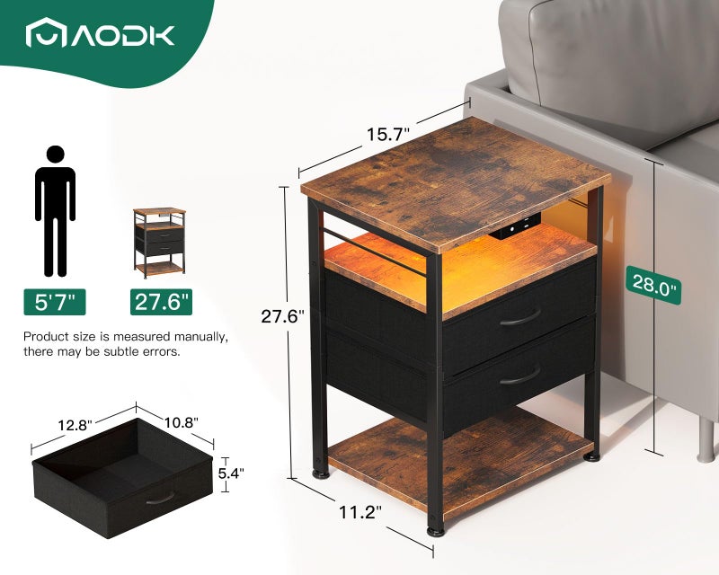 AODK Night Stand with Charging Station and LED Lights, 27.6 Inch Bed Side Table with 2 Drawers and Open Shelf, Bedside Table for Bedroom, Living Room, Vintage & Black - Image 3
