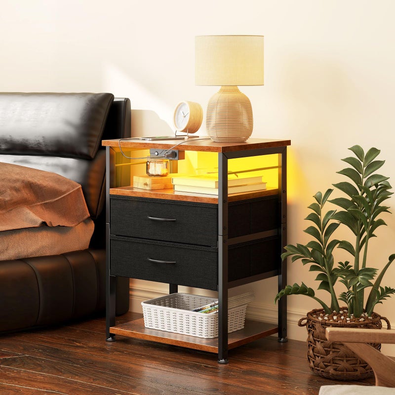AODK Night Stand with Charging Station and LED Lights, 27.6 Inch Bed Side Table with 2 Drawers and Open Shelf, Bedside Table for Bedroom, Living Room, Vintage & Black - Image 2