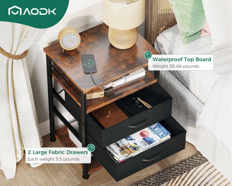 AODK Night Stand with Charging Station and LED Lights, 27.6 Inch Bed Side Table with 2 Drawers and Open Shelf, Bedside Table for Bedroom, Living Room, Vintage & Black - Image 5