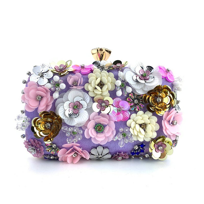 Elegant Floral Beaded Evening Clutch for Women Violet