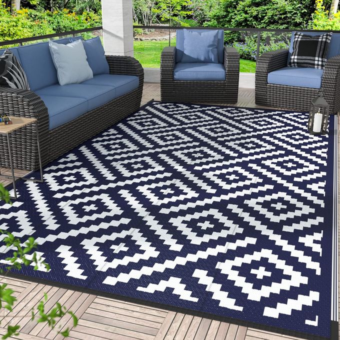 GENIMO Outdoor Rug 4x6 Waterproof Reversible Mats Outdoor Area Rug Plastic Outside Carpet Eeometric Rv Mat for Patio Camping Rv Picnic Backyard Deck Balcony Porch Beach TrailerNavy Blue White