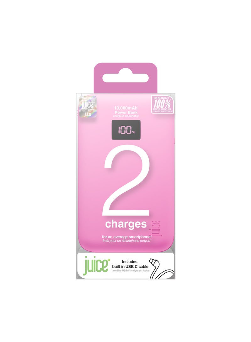 JUICE Eco Integrated Power Bank, Portable Charger 10,000 mAh with Built-in Cable & Digital Display, USB-C Output, Power Bank for iPhone 15 16 Pro Max, Samsung, Xiaomi, Android, iPad, DJI, GoPro - Pink - Image 3