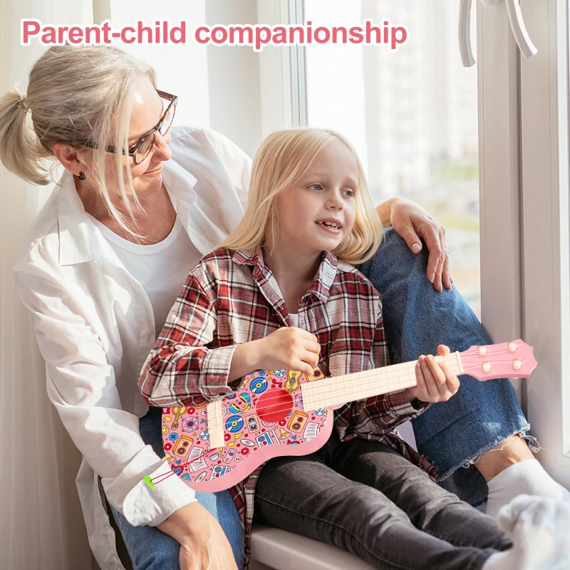 LeeQee 21in Colorful Graffiti Ukulele Guitar for Kids, 4 Strings Kids Guitar Ukulele Musical Instruments Learning Educational Toys with Picks for 3 4 5 6 7 8 9 10 11 12 Toddler Boys Girls (Pink) - Image 5