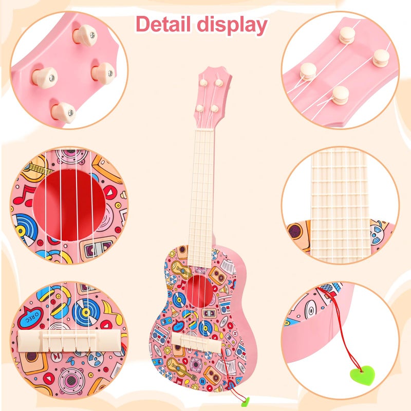 LeeQee 21in Colorful Graffiti Ukulele Guitar for Kids, 4 Strings Kids Guitar Ukulele Musical Instruments Learning Educational Toys with Picks for 3 4 5 6 7 8 9 10 11 12 Toddler Boys Girls (Pink) - Image 4